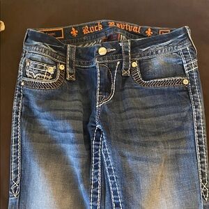 Rock Revival Women’s Blue Relaxed Jeans Capris  with Orange Embroidery